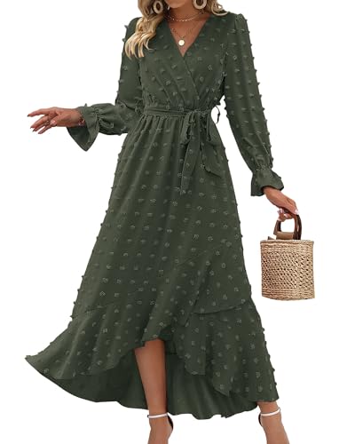 BTFBM Women's Boho Cocktail Maxi Dress 2024 Fall Fashion V Neck Swiss Dot Long Sleeve Flowy Slit Wedding Party Dresses(Swiss Dot Yellow, Medium)