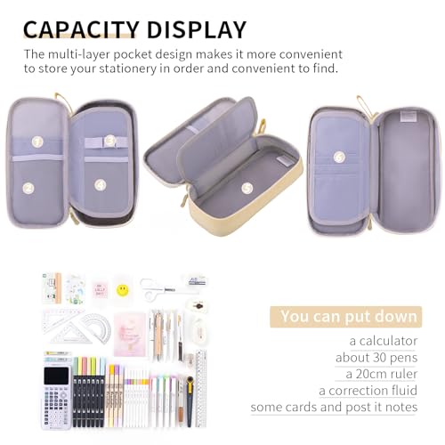 CICIMELON Durable Pen Pencil Case Big Storage Pen Pouch Bag for School Supplies College Teen Girls Adults, Beige