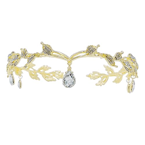 MR Crystal Leaf Wedding Tiara for Bride, Bridal Forehead Diadem Headband, Gold Costume Party Crown Headpiece Festival Holloween Hair Accessories for Women