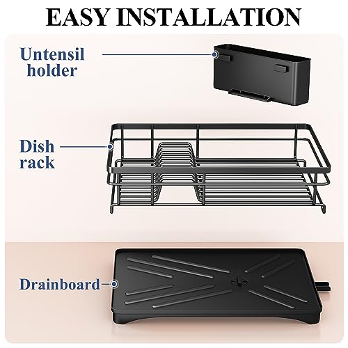 Dish Drying Rack for Kitchen Counter - Large Dish Rack with Drainboard, Rustproof Dish Drainer with Utensil Holder for Sink, Black