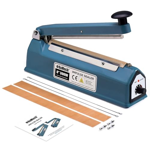 ROMECH 8 Inch Impulse Bag Sealer, Solid Metal Housing Heavy Duty Manual Heat Sealer Machine with Spare Parts for Sealing Plastic Bags & Shrink Wrap Bags (300W)