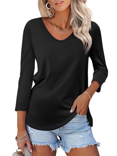 ORANDESIGNE Women's 3/4 Sleeves Scoop Neck T Shirts Solid Color Casual Summer Tops Fashion Loose Shirts B-pink