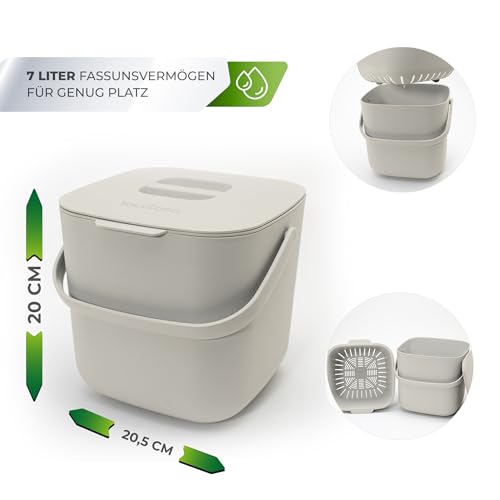 YourCasa® Compost bin Kitchen Counter with lid -1.85 Gallon - Countertop Compost bin - Composting Bin Dishwasher Safe - Odour Proof - Inner Sieve - Indoor Compost bin Kitchen composter (Beige)