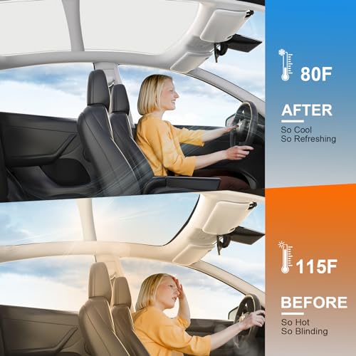 2024 New Version Tesla Model 3 Sunshade Windshield Accessories【OEM Fit, Sun Blockage】 Heat Insulation Keep Cooling Foldable Light-Tight Front Window Sunshade for Model 3 with Reinforced Velcro Strap