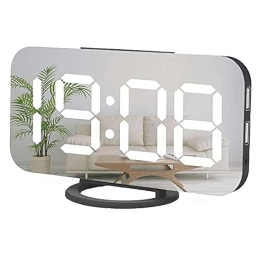 Miowachi Digital Alarm Clock,Large Mirrored LED Clock,Snooze,Dim Night Light 2 USB Charger Ports Desk Alarm Clocks for Bedroom Decor (Black)