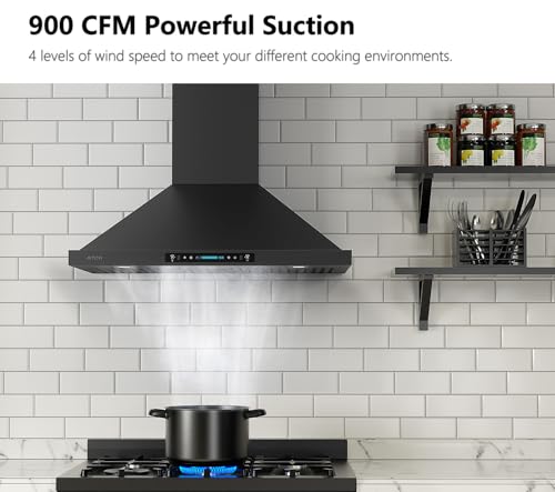 IKTCH 30 inch Black Wall Mount Range Hood, 900 CFM Ducted/Ductless Stainless Steel Vent Hood with Gesture Sensing & Touch Control Switch Panel, 2 Pcs Adjustable Lights(IKP02-30-BSS)