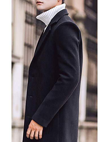 Tanming Mens Black Trench Coat Notched Lapel Single Breasted Long Peacoat Overcoat (Black-XS)