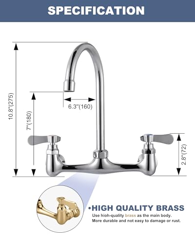 iVIGA Commercial Sink Faucet with 6” Gooseneck Swivel Spout, 8" Center Wall Mount Kitchen Faucet, Dual Handles Brass Utility Sink Faucet for Laundry Room Restaurant Compartment Sink, Polish Chrome