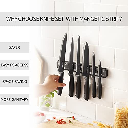 Gourmetop Kitchen Knife Set with No Drilling Magnetic Strip, Knives Set for Kitchen Black Cooking Knives, Sharp Stainless Steel Chef Knife Set for Cutting Meat & Vegetable, Small Knife Set