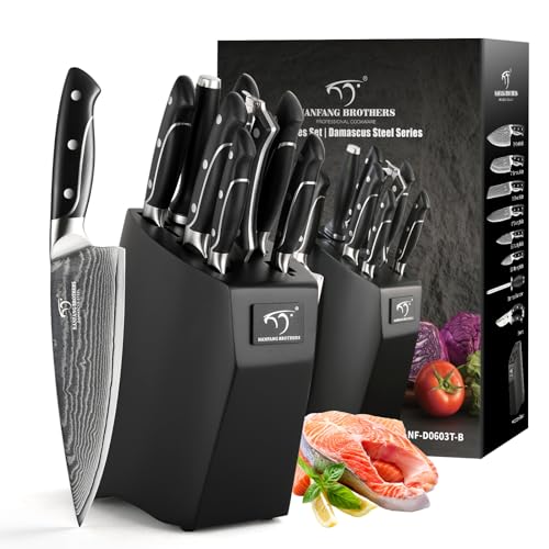 Damascus Kitchen Knife Sets, 9 Pieces Kitchen Knives Set with Block, ABS Ergonomic Handle for Chef Knife Set, Knife Sharpener and Kitchen Shears, Knife Block Set NF-D0603T-B