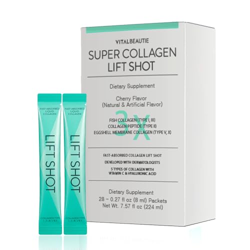 VITALBEAUTIE Liquid Collgen for Women, SuperCollagen Lift Shot - Premium Multi Collagens Peptides Type I, II, III, V, X 1500mg with Hyaluronic, Vitamin C, Third Party Certified, High Absorption