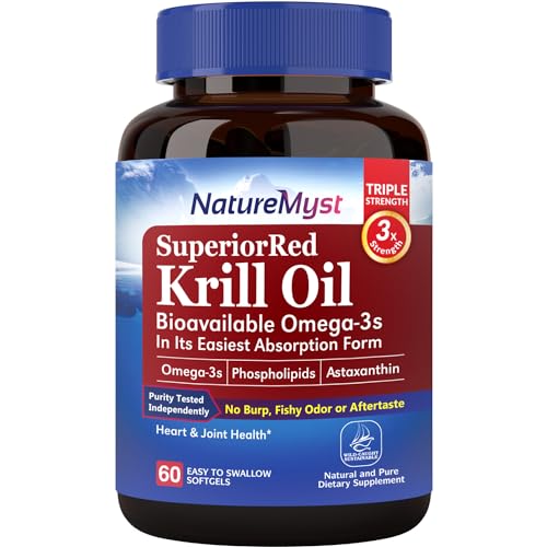 NatureMyst Antarctic Krill Oil 1000 mg Softgels, Krill Oil Omega-3s, EPA, DHA, Astaxanthin & Phospholipids, Joint, Heart Health, 60 Softgels, Non-GMO, No Gluten, Made in The USA