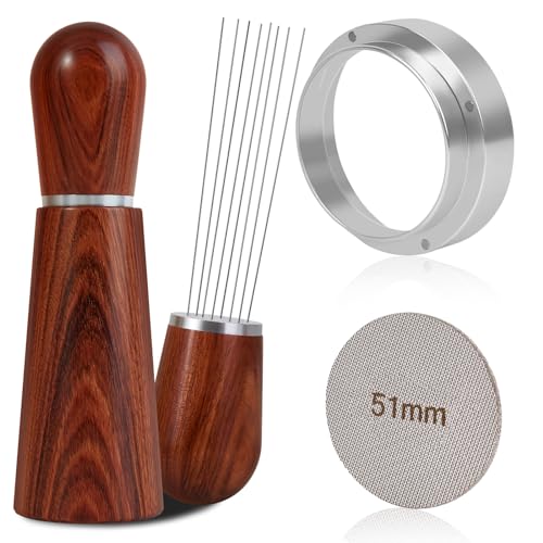 51mm Espresso Accessories Kit, WDT Tool, Dosing Funnel and Puck Screen Set, 316 Stainless Steel Needle Coffee Distribution Stirrer, Portafilter Dosing Ring for Barista 51 mm