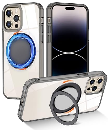 ISBDIWKN for iPhone 14 Pro Case with Magnetic 360°Rotation Ring Kickstand [Compatible with MagSafe] [Not-Yellowing] Shockproof Slim Clear Cover Case for Apple iPhone 14 Pro 6.1",Black