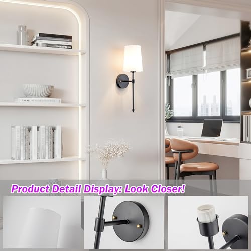 Battery Operated Wall Sconce Light with Remote Control, Dimmable Set of 2 White Fabric Shade, Indoor Wireless Lamp For Bedroom Living Room, Bulb Included (