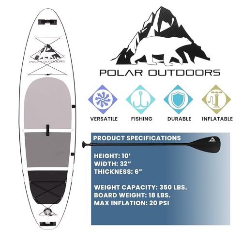 Polar Outdoors by Roc Inflatable Stand Up Paddle Board with Premium SUP Paddle Board Accessories, Wide Stable Design, Non-Slip Comfort Deck for Youth & Adults. (Mist W/Kayak Paddle)