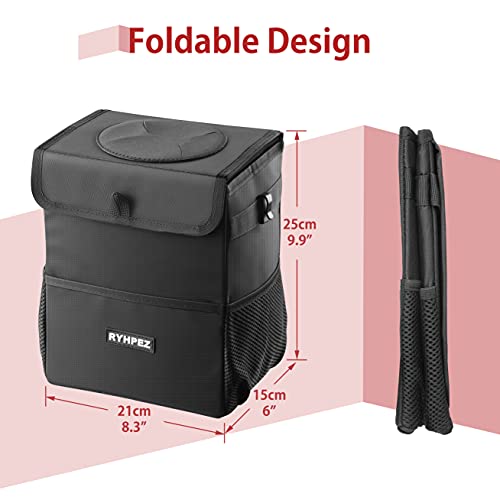 Ryhpez Car Trash Can with Lid - Car Trash Bag Hanging with Storage Pockets, Leakproof Collapsible Garbage Can with Solid Structure Support (Upgraded Version)