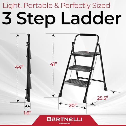 Bartnelli Pro Luxury Step Ladder | European Made 3 Step Foldable Step Stool for Home | Rock-Solid 500 lb Capacity,Built to Last with Highest-Grade Sturdy Steel Construction,Soft Handle, Anti-Slip Feet