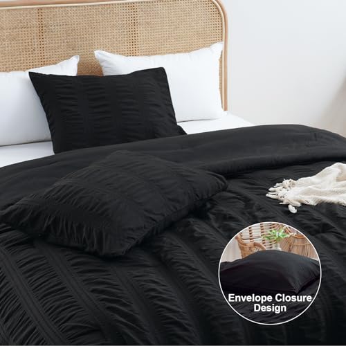 PHF Soft Seersucker Comforter Set Queen Size, 3 Pieces Lightweight Black Bedding Set for All Season, Breathable Comforter Sets with 1 Comforter and 2 Pillowcases