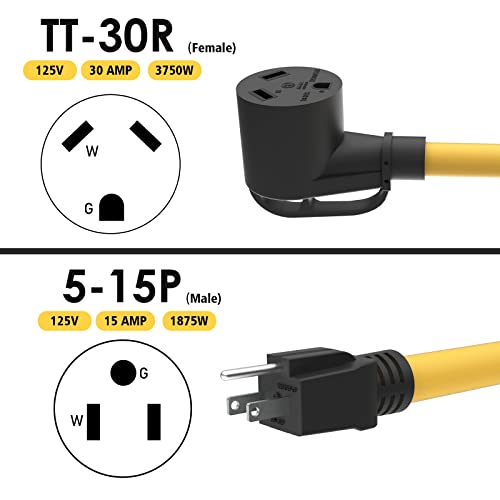M1A2 30 Amp to 110 RV Adapter Cord, NEMA 5-15P Male to TT-30R Female Electrical Power Dogbone with Grip Handle, Heavy Duty STW 10 Gauge for RV Trailer Camper