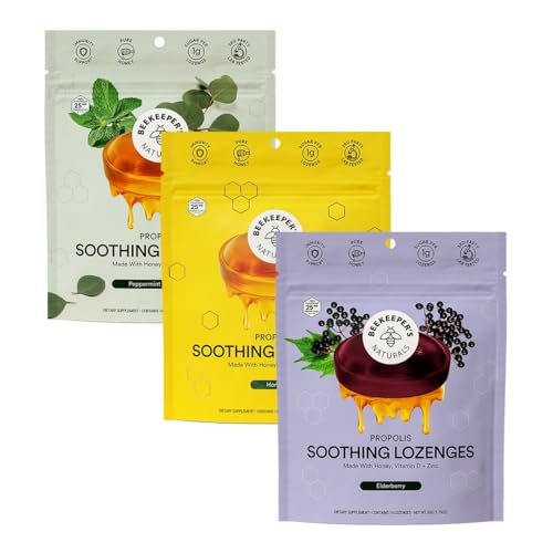 Beekeeper's Naturals Soothing Honey Cough Drops 3 Flavors Pack,Honey,Peppermint & Elderberry Sore Throat Relief Soothing Lozenges with Zinc,Propolis & Vitamin D,42 Ct