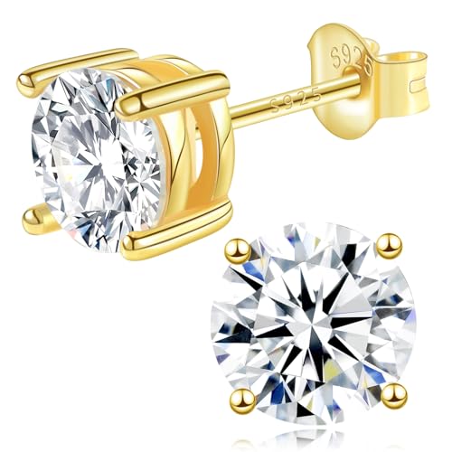 Moissanite Lab Created Diamond Earrings 1.0ctw-3.0ctw Solitaire Studs, D Color VVS1, Hypoallergenic 925 Sterling Silver, 14K Gold Plated, Friction Back - Gift for Women & Men, 4mm, 4P