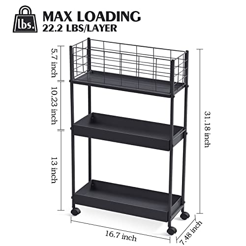 KINGRACK 3-Tier Metal Rolling Utility Cart, Slim Storage Cart, Slide Out Storage Cart, Small Rolling Trolley Kitchen Cart, Cart for Bathroom Laundry Room Office Narrow Place, Black