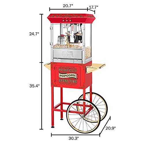 Great Northern Popcorn Perfect Popper Popcorn Machine with Cart and Stainless-Steel Kettle, Warming Light, and Accessories, 10oz, Red