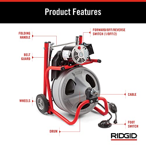 RIDGID 26998 Model K-400 Drain Cleaning 120-Volt Drum Machine Kit with C-45IW 1/2" x 75' Cable, White, Black, Red