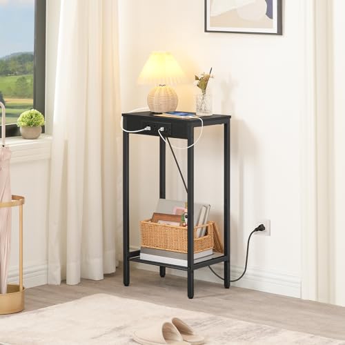 HOOBRO Tall Side Table with Charging Station, 28.7" H Industrial Telephone End Table, Small Entryway Table, Tall Bedside Table for Living Room, Hallway, Bedroom, Office, Black BB08UDH01