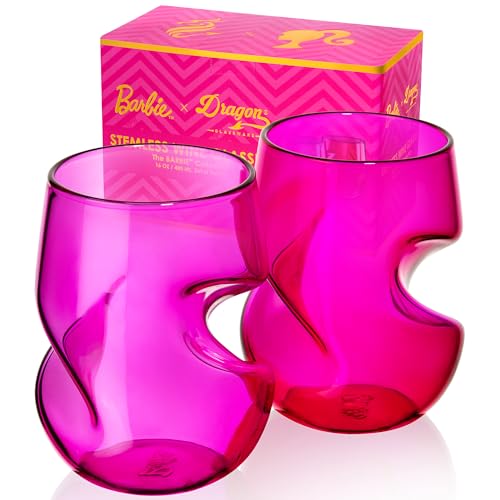 Dragon Glassware x Barbie Wine Glasses - 16 oz Magenta & Pink Wine Glasses Set of 2 - Stemless with Finger Indentations - Aerates Naturally - Barbie Gifts for Women