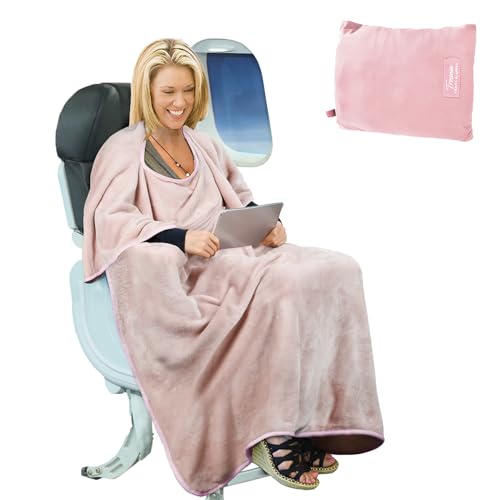 Tirrinia Travel Blanket Airplane Office Poncho 4 in 1 Premium Cozy Fleece Portable Poncho Blankets with Built-in Bag, Pocket