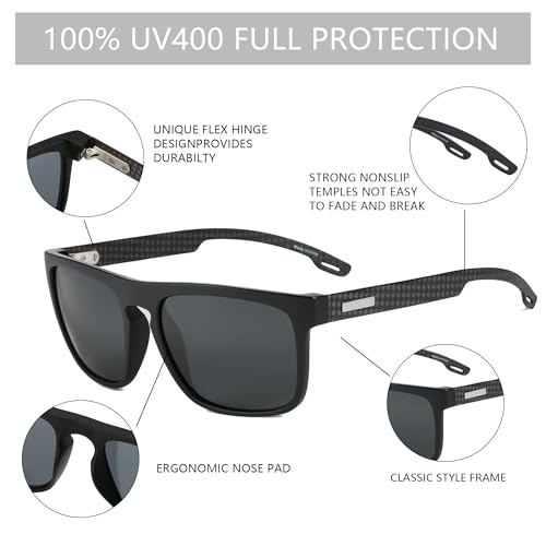 ZENOTTIC Polarized Sunglasses Men TR90 Frame Carbon Fiber Temple UV400 Protection Square Mens Sun Glasses for Driving Fishing