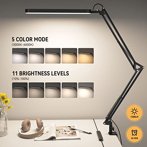 SKYLEO Desk Lamp - 31.5" Desk Light - 5 Color Modes X 11 Brightness Levels - Adjustable Swing Arm - Timmer & Memory Function - 12W Study Lamp - White