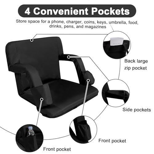 Stadium Seats for Bleachers with Back Support and Thick Padded Cushion,18" Extra Wide Portable Reclining Folding Chair with Optional Arms, 4 Pockets and Shoulder Straps,Big Size,Black,2PCS
