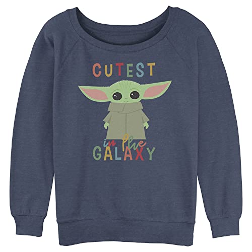 Star Wars Women's Mandalorian Cutest Little Child Junior's Raglan Pullover with Coverstitch, Blue Heather, Small