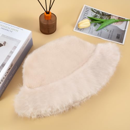 Yonchic Winter Soft Faux Fur Plush Bucket Hat, Lovely Fuzzy Fisherman Cap, Fashion Outdoor Thick Warm Sun Cap for Women (Beige)