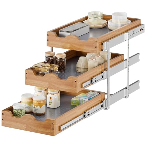 OCG 2 Tier Pull Out Drawers For Cabinets, Double Tier Slide out Wood Cabinet Organizer, Pull Out Shelves for Base Cabinet Organization in Kitchen, Pantry, Bathroom