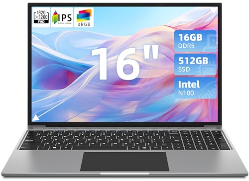 jumper Laptop, 16 Inch, Laptops Computer with 12th N100 CPU, 16GB DDR5 512GB SSD, FHD IPS Display, 1920x1200, 16:10, 4 Stereo Speakers, Cooling Systeem, HDMI, UHD Graphics(750 MHz).