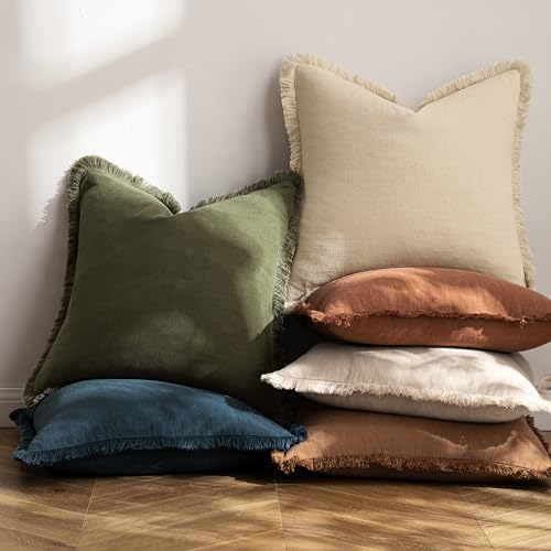 MIULEE Set of 2 Linen Throw Pillow Covers Decorative Christmas Pillow Covers Farmhouse Style Boho Cushion Covers Wine Red Pillow Covers with Fringe for Living Room 18x18 Inch