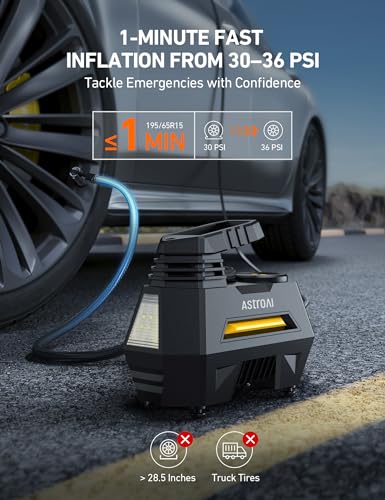 AstroAI Tire Inflator Portable Air Compressor Tire Air Pump for Car Tires - Car Accessories, 12V DC Auto Pump with Digital Pressure Gauge, Emergency LED Light for Bicycle, Balloons, Yellow