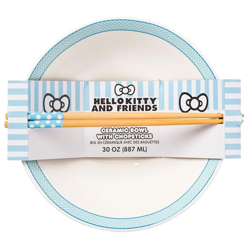 Silver Buffalo Hello Kitty and Friends Little Twin Stars, Pompompurin, Pochacco, Cinnamoroll, Kuromi, My Melody, and Keroppi Ceramic Ramen Noodle Rice Bowl with Chopsticks, Microwave Safe, 30 Ounces