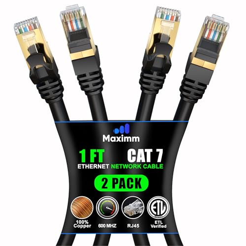 Cat 7 Ethernet Cable 1 ft - High-Speed Internet & Network LAN Patch Cable, RJ45 Connectors - 1ft / Black / 2 Pack - Perfect for Gaming, Streaming, and More