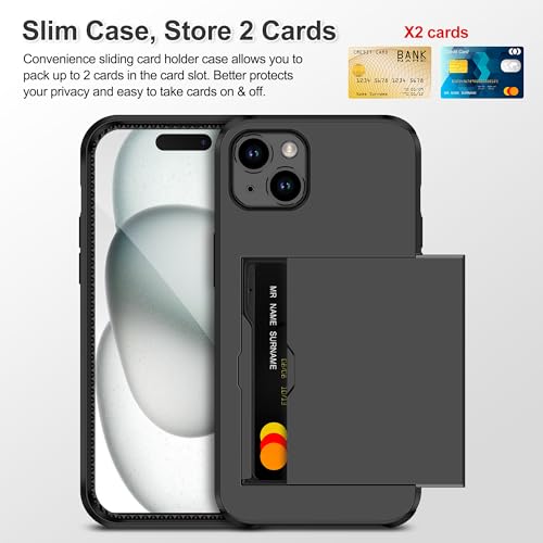 SAMONPOW 4-in-1 for iPhone 15 Case Wallet with Screen Protector & Camera Cover Full Body Hybrid 15 Case with Card Holder Shockproof Protective Phone Case for iPhone 15 for Women Men, Black