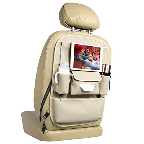 Viaviat Car Seat Organizers Waterproof Backseat Protector with Storage Pocket Large Leather Kick Mats for Kids Pets Automobile SUV Truck (Beige, Large Pocket)