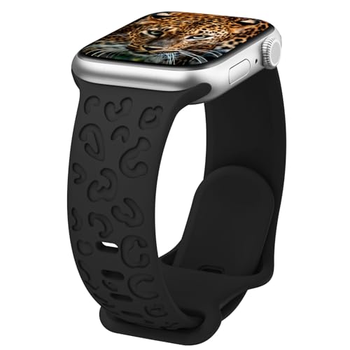 MoKo Leopard Engraved Band Compatible with Apple Watch Band 41mm 40mm 38mm 42mm 44mm 45mm 49mm Women Men Silicone,Cheetah Sport Strap Wristband for iWatch Band Series 9 8 7 6 5 4 SE Ultra 2,Black