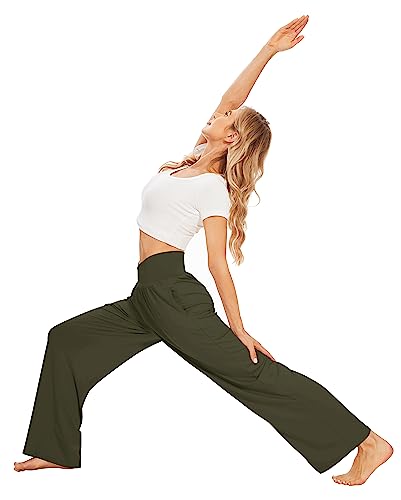 TARSE Womens Wide Leg Pants Petite Loose Yoga Pants Casual Lounge Flowy Pants Pockets Stretch Sweatpants(Army Green,S)