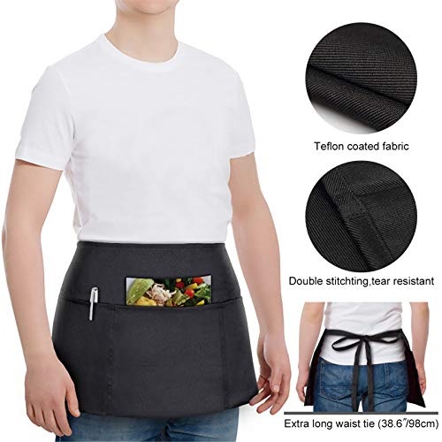 3 Pack Waist Apron - Server Aprons With 3 Pockets - Water & Oil Resistant Waitress Apron - Black Half Aprons for Women Servers - 12 Inch