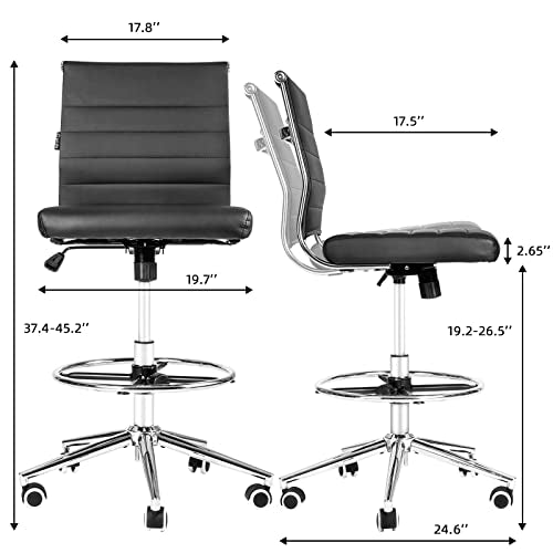LUCKWIND Drafting Chair Tall Office Chair Ribbed - Mid-Back PU Leather Standing Desk Stool with Adjustable Foot Ring Wide Seat Tilt-Tension Rocker Lumbar Support Swivel Rolling 400lbs, Black