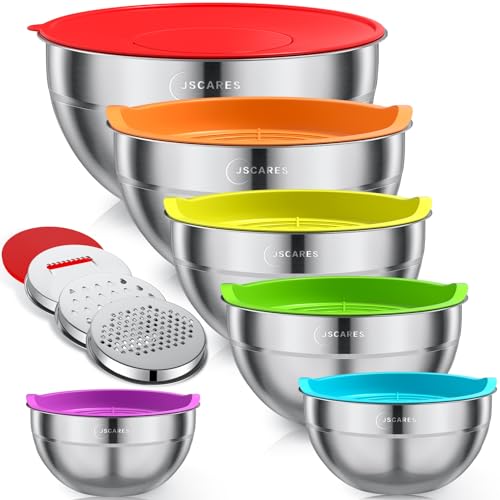 JSCARES Mixing Bowls with Lids Set, 5 Piece Metal Stainless Steel Bowls Colorful Airtight Lids Stackable Food Bowls Size 4, 3.5, 2.1, 1.5, 0.7 QT, Great for Baking & Mixing, Serving